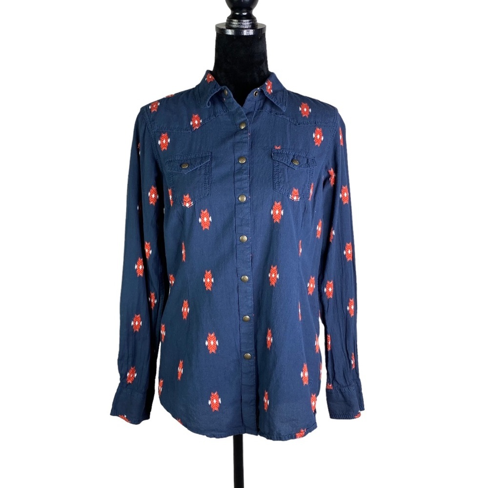 Ariat Ikat print snap western shirt navy blue women’s size large cowgirl